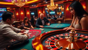 Engaging casino players strategizing over win55 poker and roulette tables.