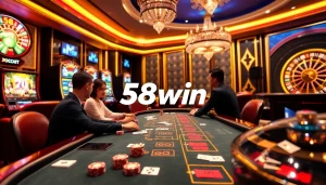 Players enjoying baccarat at the stylish 58win casino table with vibrant poker chips and luxurious ambiance.