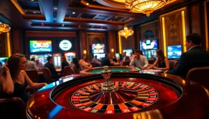 OK365 players enjoying a thrilling roulette game in an elegant casino atmosphere.