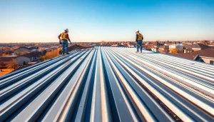 Installers working on metal roofing panels against a blue sky, highlighting durable craftsmanship.