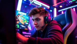 Gamer immersed in 1 ball fortnite gameplay with vibrant lighting and dual monitors.