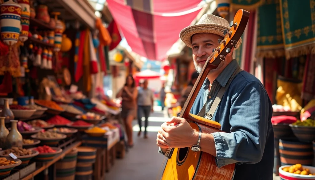 Musician embodying laoutaris energy in vibrant Greek marketplace setting