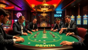Gambler strategizing at the 98WIN casino poker table, surrounded by vibrant gaming elements.