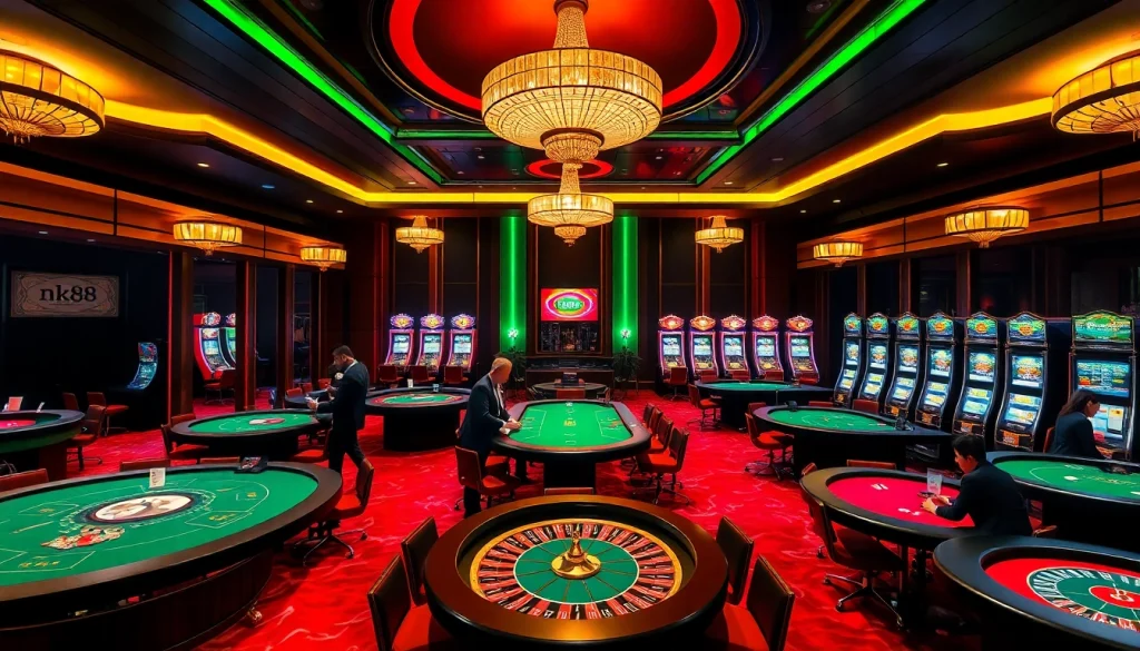 Exciting casino gaming scene at nk88 showcasing luxurious tables and vibrant slot machines.