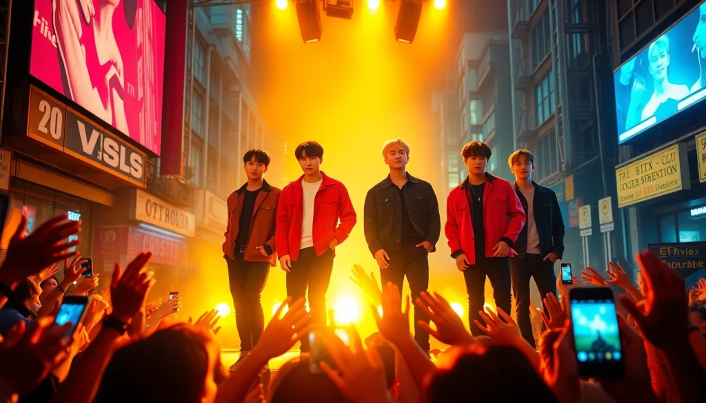BTS members performing energetically in a lively concert scene with enthusiastic fans.