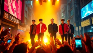 BTS members performing energetically in a lively concert scene with enthusiastic fans.