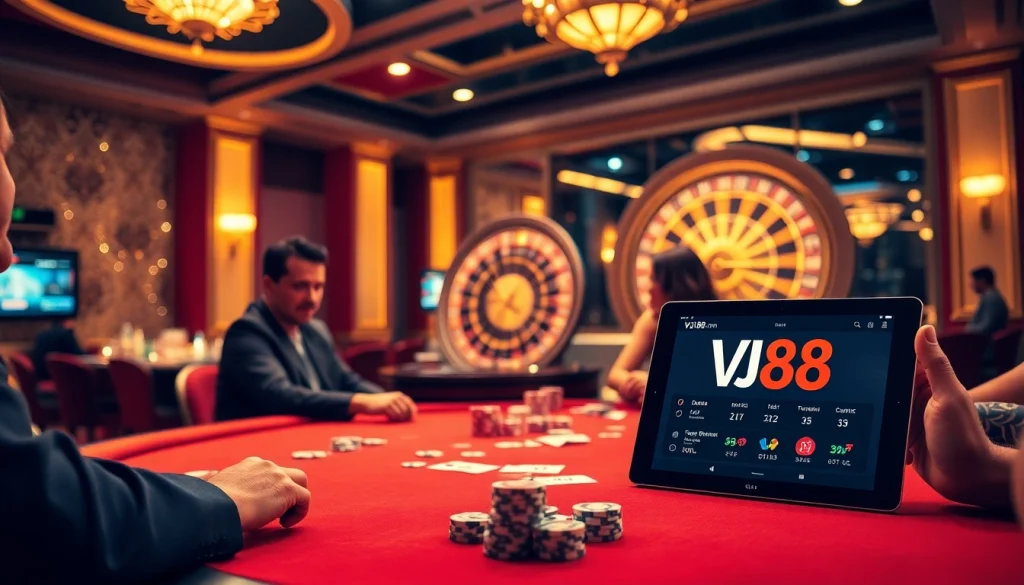 Experience thrilling gambling action at https://vj88.com/ with players at an elegant poker table.