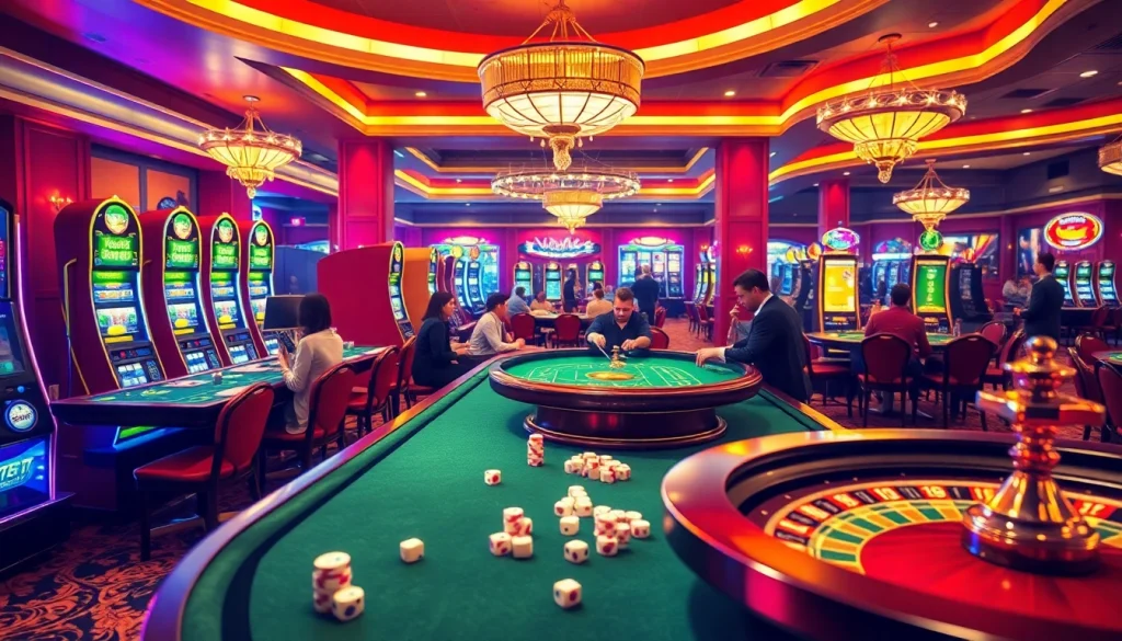 Exciting casino scene featuring MMOO gaming tables and vibrant slot machines in a luxurious setting.