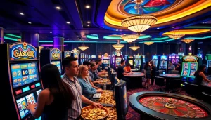 Winning at the vibrant slot gacor machines in a lively casino atmosphere.