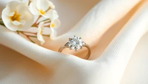 柔らかな布地の上に繊細なダイヤモンドがあしらわれた美しい結婚指輪。