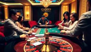Engaging casino scene highlighting nhà cái GO99 with vibrant gaming tables and enthusiastic players.
