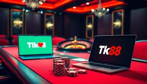 Engaging scene of a professional gambler enjoying Tk88 chính thức with poker chips and cards.