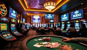 Players enjoying thrilling SODO gambling at vibrant casino tables filled with chips and cards.