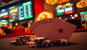 High-energy casino scene showcasing TG88 poker chips and a roulette wheel in a luxurious setting.