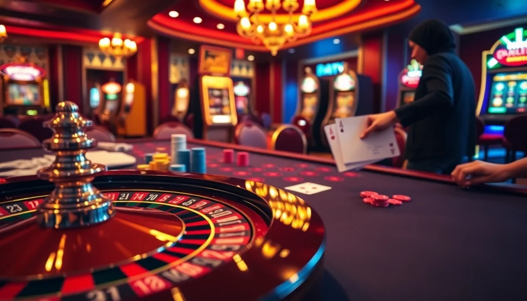 Experience the thrill of link PS99 with an exciting casino scene featuring poker chips and a roulette wheel.