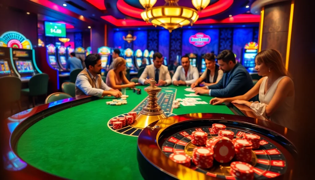 Players enjoying a thrilling game at https://88clb.diy/ casino, surrounded by vibrant roulette and slots.