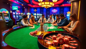 Players enjoying a thrilling game at https://88clb.diy/ casino, surrounded by vibrant roulette and slots.
