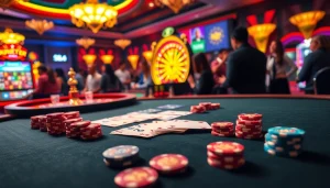 S8 players enjoying vibrant casino games at a luxurious table surrounded by colorful poker chips.