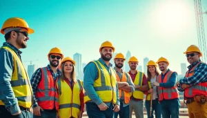 Showcase of careers in construction with professionals collaborating on a job site.