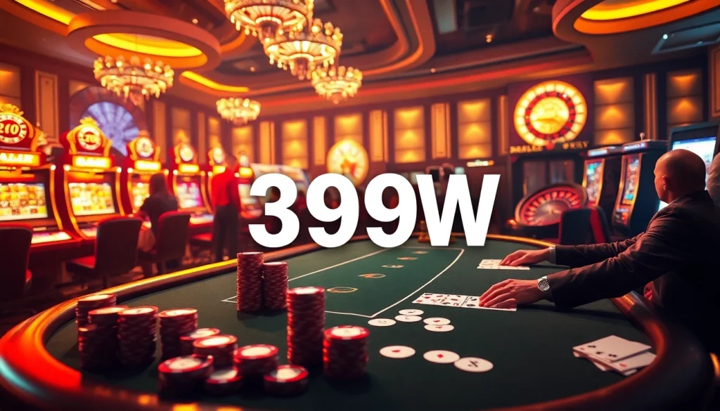 Experience the thrill of 399W with players at a luxurious poker table in a vibrant casino environment.