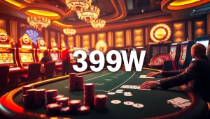 Experience the thrill of 399W with players at a luxurious poker table in a vibrant casino environment.