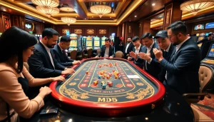 Players engaging enthusiastically at a Tài Xỉu MD5 table in a vibrant casino setting.