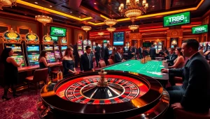 Players strategize their next TR88 bet at a luxurious casino table, evoking high-stakes excitement.