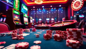 Experience the thrill of gambling with bem88 at a luxurious casino table filled with vibrant chips and cards.
