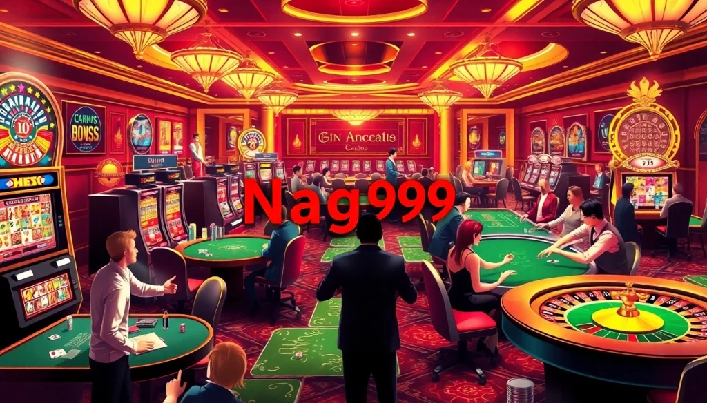 Naga99 players enjoying an exciting casino environment with slot machines and poker tables.