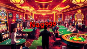 Naga99 players enjoying an exciting casino environment with slot machines and poker tables.