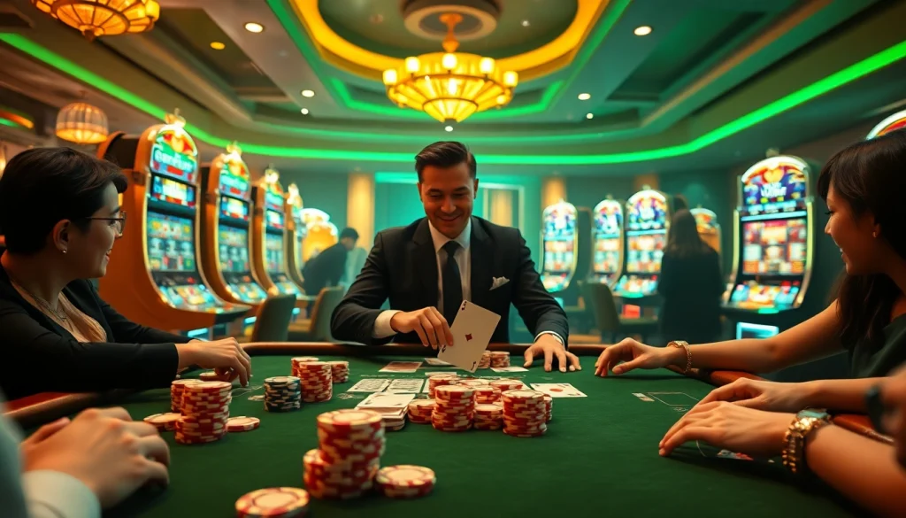 Players enjoying a high-stakes poker game at Ev88 casino, showcasing opulent gaming atmosphere.