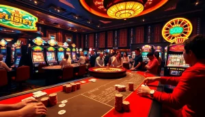 Experience the thrill of the FLY88 Link at a vibrant casino, with tables, roulette, and excited players.