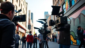 Engaging video production Calgary scene with filmmakers in action amid vibrant city life.