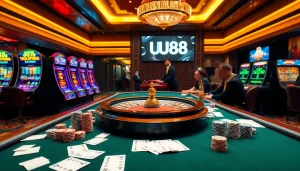 Players engage at a professional UU88 casino table, showcasing thrills of poker and excitement.
