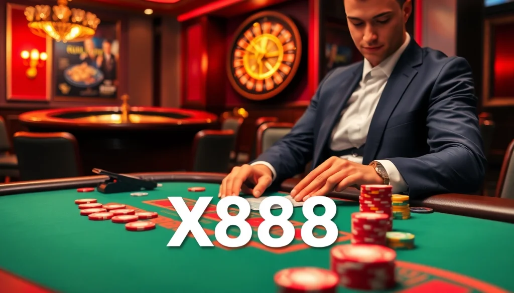 Experience thrilling gaming with XX888 at an elegant poker table in a luxurious casino setting.