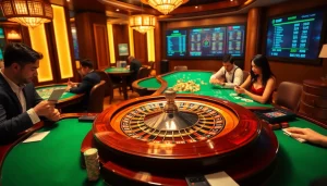 Engaging scene of players enjoying exciting games at a luxurious casino, showcasing GG88's thrilling gambling experience.
