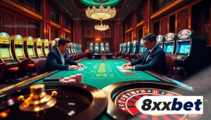 Intense poker players in a luxury casino featuring 8xbet branding amidst chips and cards.