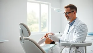 最新の歯科クリニックで笑顔の患者を撮影したホワイトニング施術の様子。