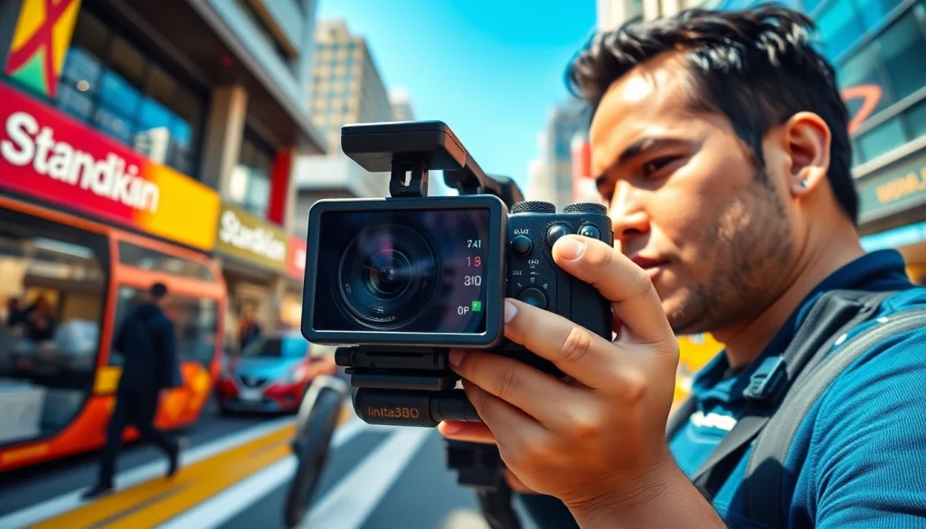 Capture stunning moments with the insta360 camera in a vibrant cityscape.