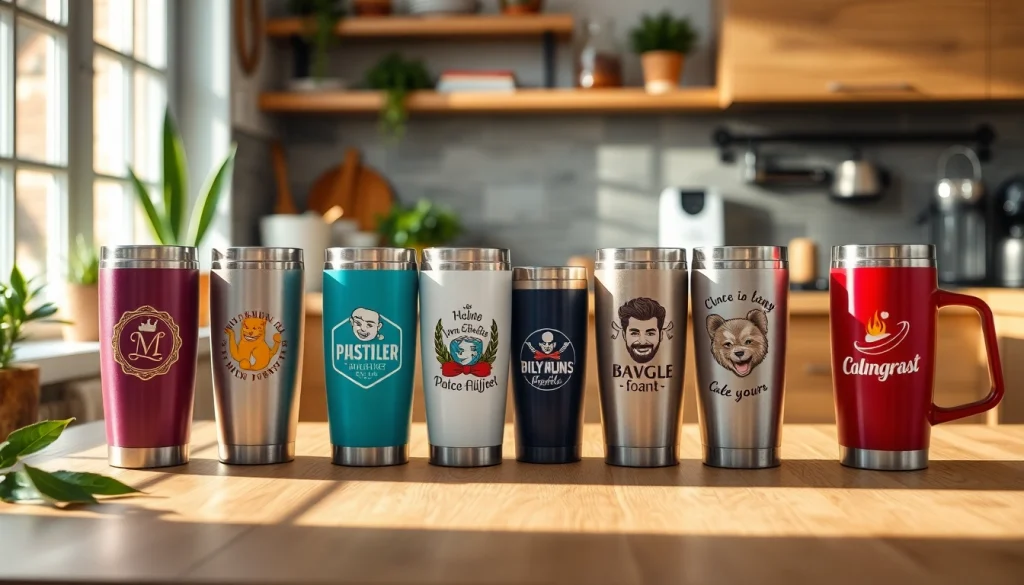 Personalizuoti termo puodeliai su ryškiais individualizuotais dizainais jaukioje virtuvėje.