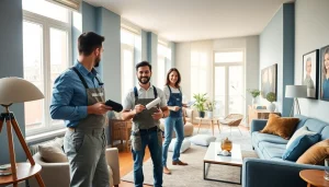 Home painters painting a stylish NYC apartment, showcasing vibrant interiors and professional atmosphere.