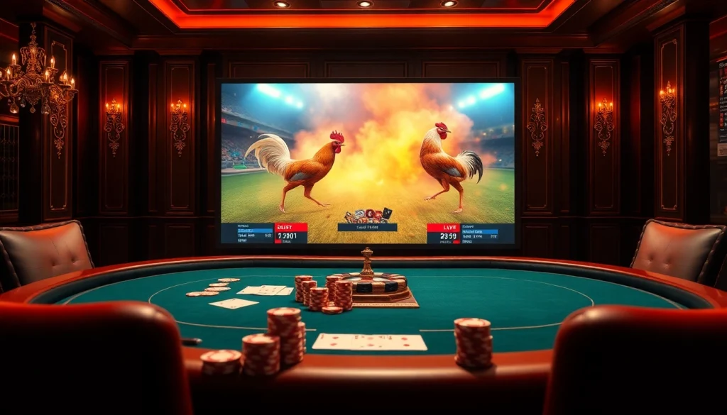 An engaging online gambling scene showcasing the SV388 link with dynamic visuals of a cockfighting match and luxury casino elements.