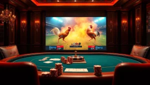 An engaging online gambling scene showcasing the SV388 link with dynamic visuals of a cockfighting match and luxury casino elements.