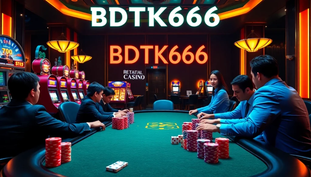 Engaging BDTK666 poker action with vibrant casino atmosphere and high-stakes players.