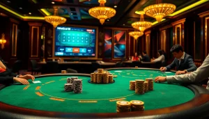 Experience thrilling gaming action at Nhà Cái S8 with poker tables and vibrant casino elements.