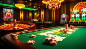 EM777 gaming interface surrounded by poker chips and cards at a vibrant casino table.
