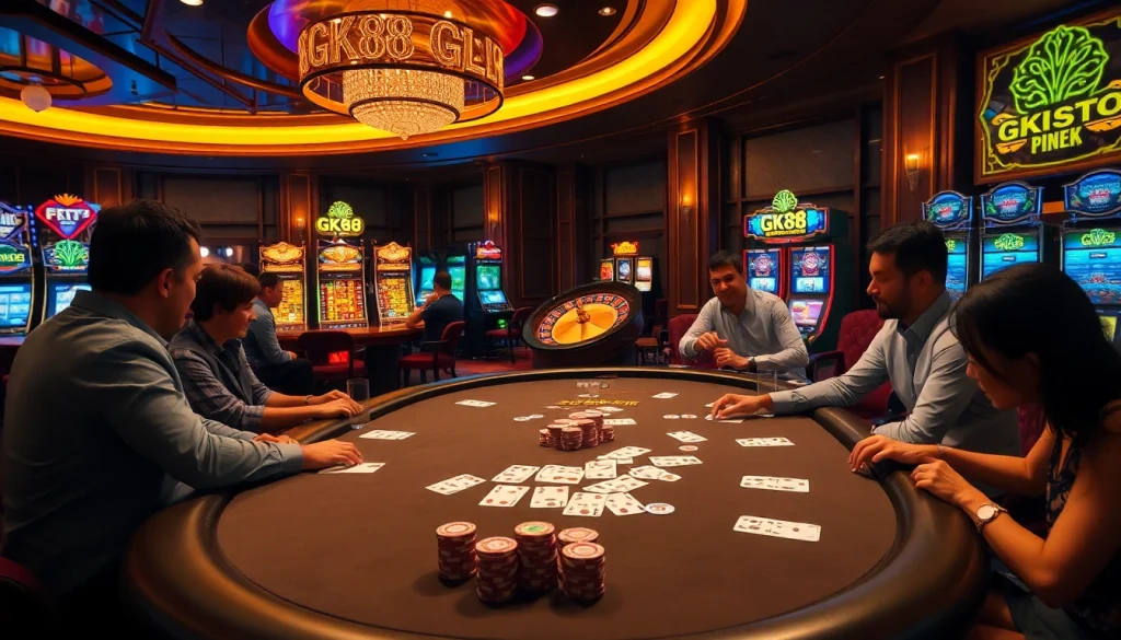 Players engaging in high-stakes poker at a luxurious casino featuring gk88 betting elements.