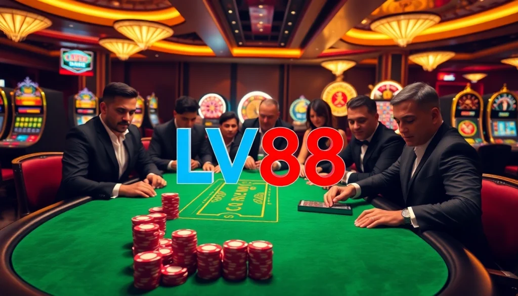 Players engaging in high-stakes poker at LV88 casino, showcasing intense excitement and vibrant atmosphere.