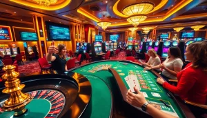 Exciting casino scene at 33win with players enjoying roulette and poker tables.