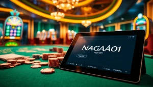 NAGA1001 players enjoying vibrant casino action with poker chips and gaming tables.